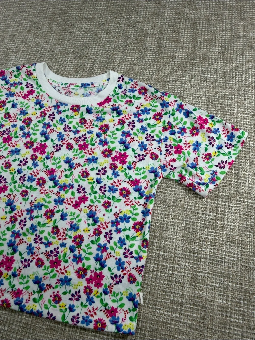 Kids Floral Short Sleeve T-Shirt - White with Pink, Blue flowers & Green leaves